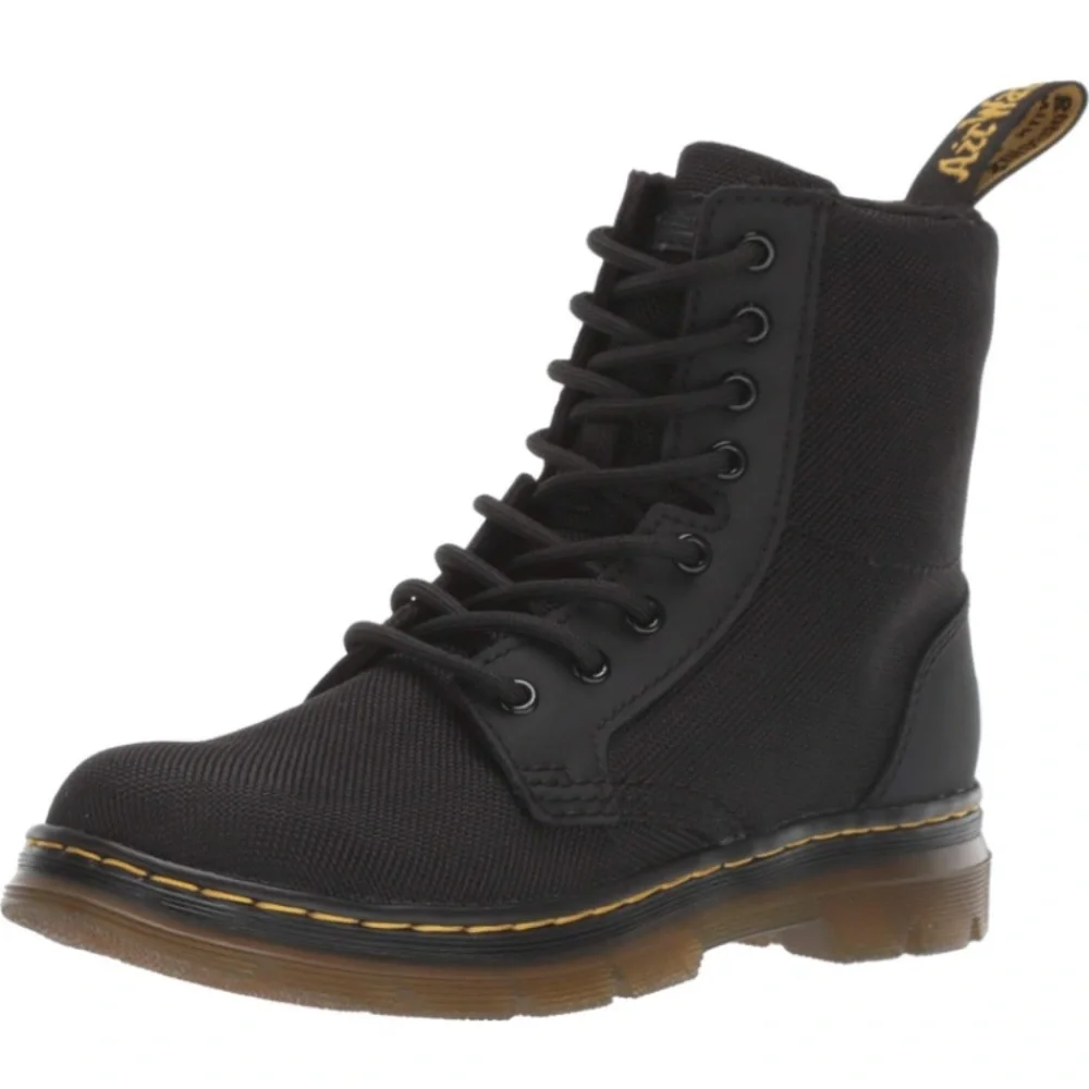 Dr. Martens Black Kids Lace-Up Combat Boot with Yellow Welt